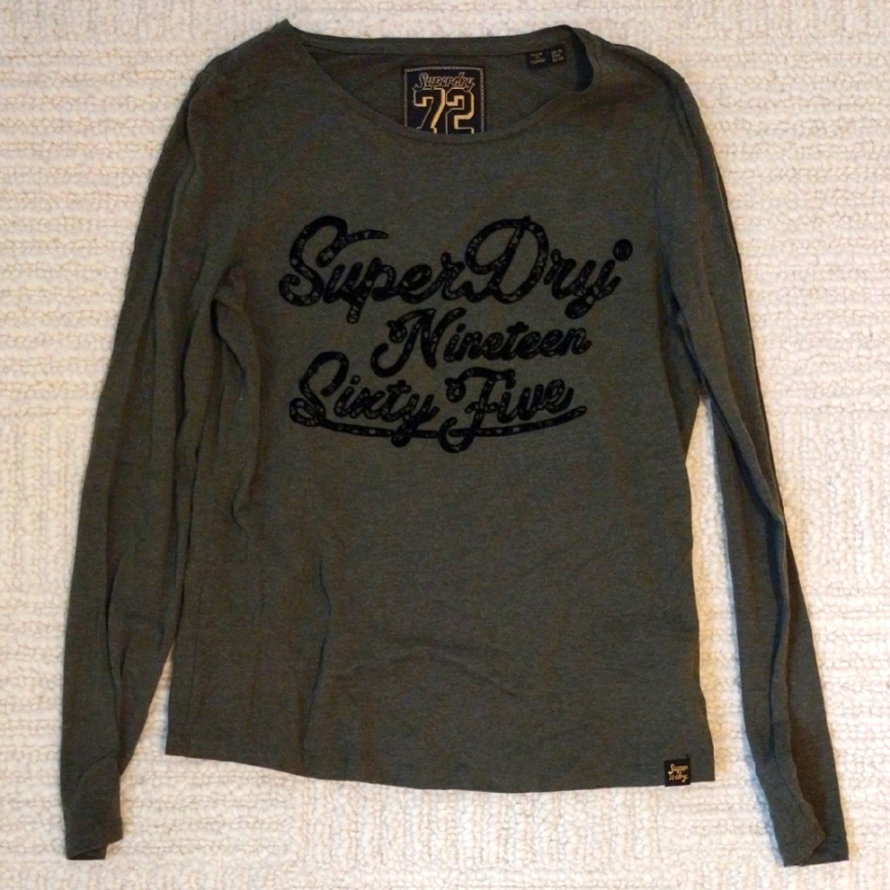 Superdry Olive Long Sleeve Top with Black Print
